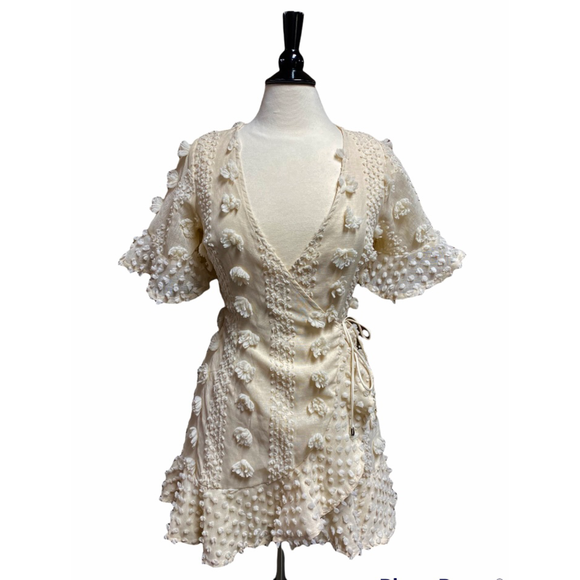 Indikah Cream Pom Pom Wrap Short Sleeve Dress Size Small NWOT - Picture 3 of 11